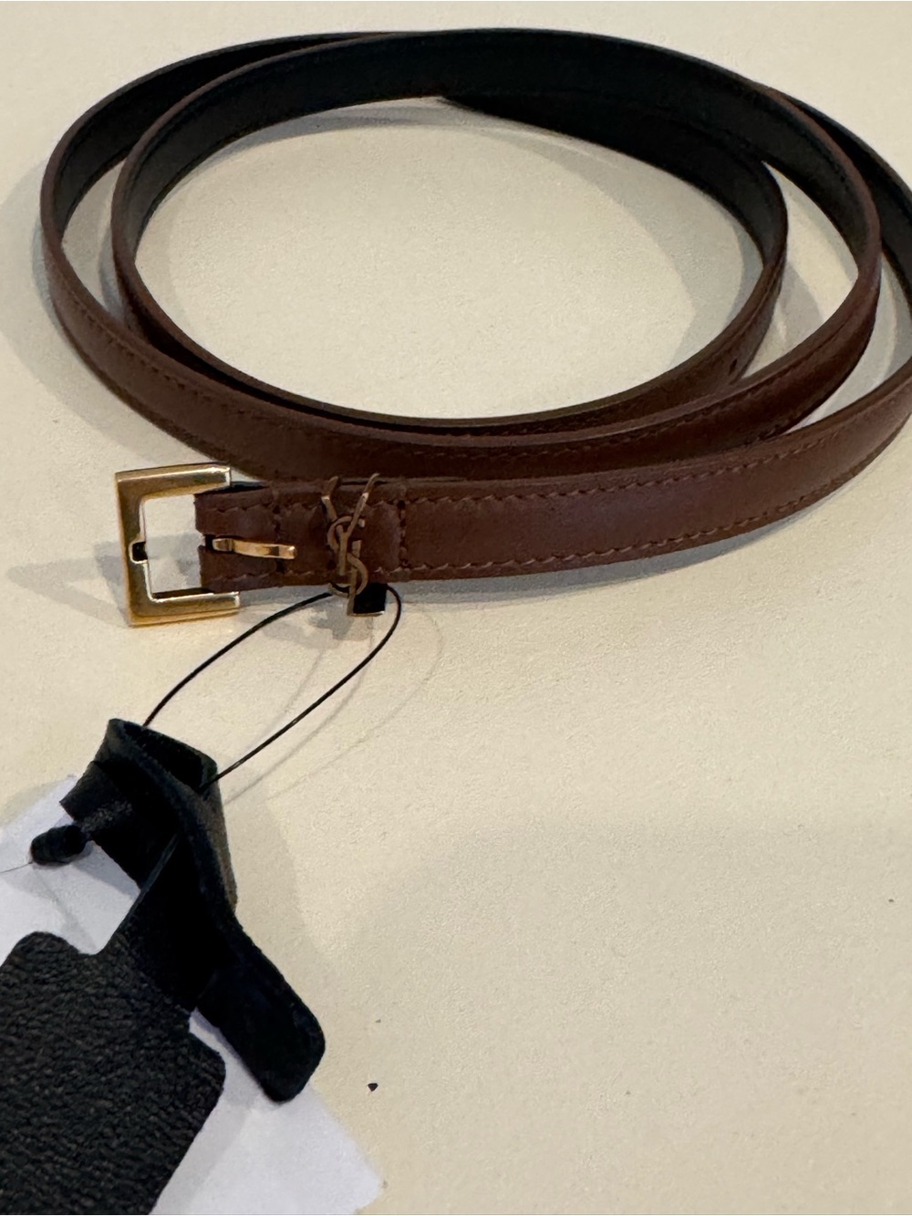 Saint Laurent Brown Leather Slim Belt with Gold Buckle